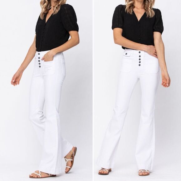 NWT Judy Blue White High Rise Button-Fly Patch Pocket Flare Jeans Size 27 NEW - Picture 4 of 15